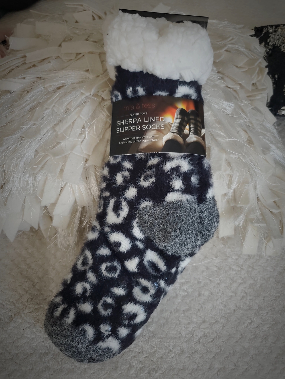 Mia & Tess Black and White Animal Print Sherpa-Lined Slipper Socks